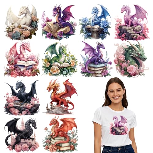 Falueqg Drachen-Lese-Bügelbilder – 12 Stück DTF-Transfers zum Drücken, Drachen- und Buchliebhaber, zum Aufbügeln auf T-Shirts, lustige Tier-Wärme-Vinyl-Transfer für DIY-Kleidung, Taschen, Hüte Falueqg Drachen-Lese-Bügelbilder – 12 Stück DTF-Transfers zum Drücken, Drachen- und Buchliebhaber, zum Aufbügeln auf T-Shirts, lustige Tier-Wärme-Vinyl-Transfer für DIY-Kleidung, Taschen, Hüte von Falueqg