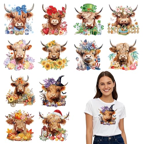 Falueqg Dtf Transfers Ready to Press – 12 Stück saisonale Hochlandkuh Bügelbilder, monatliche Aufbügelbilder für T-Shirts, Frühling, Sommer, Herbst, Winter, Wärmeübertragung für DIY-Kleidungstaschen von Falueqg