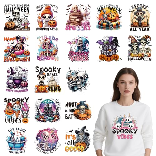 Falueqg Halloween-Totenkopf-Bügelbilder – 20 Stück DTF-Transfers zum Drücken, gruselige Jahreszeit, Skelett, zum Aufbügeln, Patches für T-Shirts, Halloween-Kürbis-Hitze-Aufkleber für DIY-Jeans von Falueqg