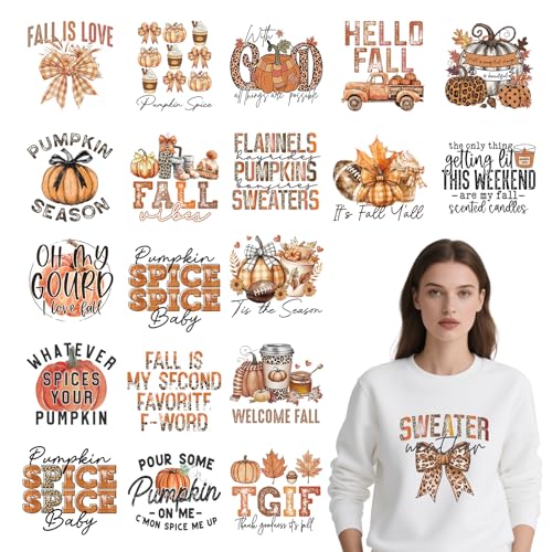 Falueqg Herbst-Bügelbilder für T-Shirts – 20 Stück DTF-Transfers zum Drücken, Herbst-Kürbis-Aufbügler, Hallo Fall Wärme, Sublimationsaufkleber für DIY-Hoodies, Heans Kleidung, Kissen von Falueqg
