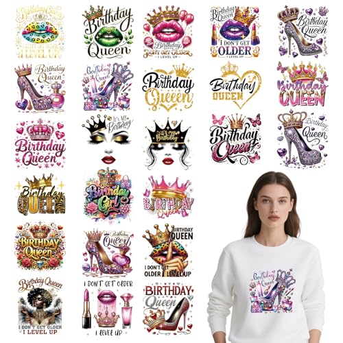 Geburtstags-Königin-Bügelbild für T-Shirts – 24 Stück Falueqg Dtf Transfers bereit zum Drücken, glänzende Diamant-Bügelbilder, Flicken, Kronenabsätze, Hitze-Aufkleber für selbstgemachte Hoodies Geburtstags-Königin-Bügelbild für T-Shirts – 24 Stück Falueqg Dtf Transfers bereit zum Drücken, glänzende Diamant-Bügelbilder, Flicken, Kronenabsätze, Hitze-Aufkleber für selbstgemachte Hoodies von Falueqg