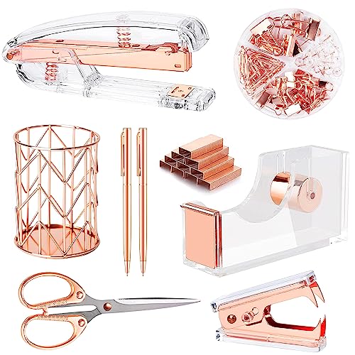 Famassi Roségoldenes Schreibtischzubehör, Bürobedarf-Set, Acryl-Hefter-Set, Heftklammerentferner, Klebebandhalter, Stifthalter, 2 Kugelschreiber, Binder-Clips, Büroklammern und 1000 Heftklammern. Famassi Roségoldenes Schreibtischzubehör, Bürobedarf-Set, Acryl-Hefter-Set, Heftklammerentferner, Klebebandhalter, Stifthalter, 2 Kugelschreiber, Binder-Clips, Büroklammern und 1000 Heftklammern. von Famassi