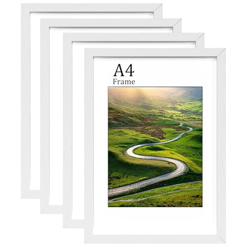 FamiPrts 4 Stück A4 Rahmen Holz A4 Bilderrahmen Vielseitiger Weißer A4-Rahmen Doppelte Ausrichtung (Querformat/Hochformat), Inklusive Ständer & Wandhaken - Wandhalterung oder Tischplatte für Zuhause von FamiPrts