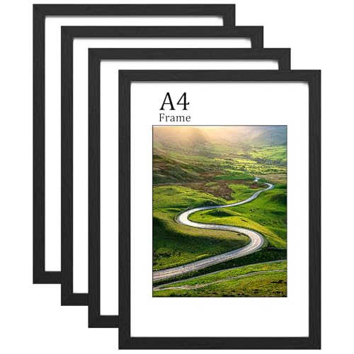 FamiPrts A4 Bilderrahmen, A4-Bilderrahmen, Holz, vielseitiger schwarzer A4-Rahmen, doppelte Ausrichtung (Querformat/Hochformat), inklusive Ständer und Wandhaken, Wandhalterung oder Tischplatte für von FamiPrts