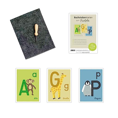 Familienmomente Bastelset Prickelset Buchstabenkarten A-Z Tiermotive Einschulung Schultüte Zuckertüte Schulanfang Geschenk 100% Recyclingpapier von Familienmomente