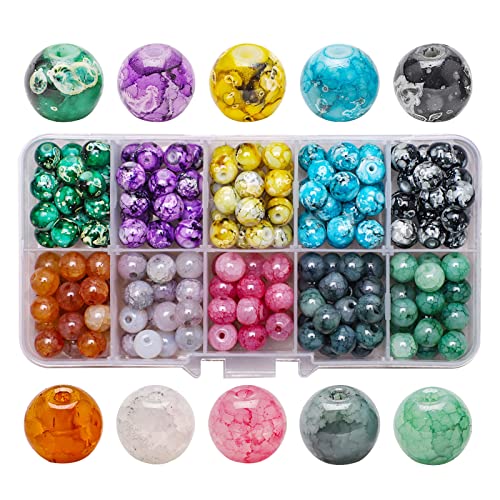 200 Stück Glasperlen Crackle, 8mm Bunte Basteln Perlen mit Löchern, Runde Crackle Glasperlen zum Basteln für Schmuckherstellung & DIY Handwerk Dekor (10 Farben) von Famini
