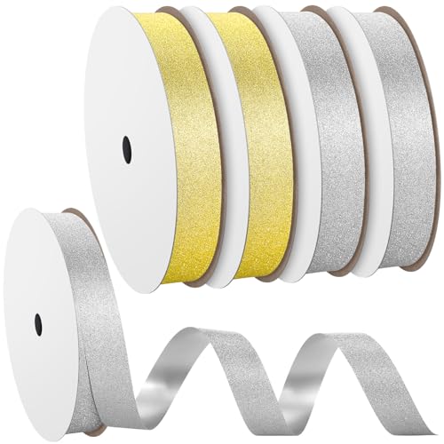Fanfanwin 4 Rollen 45,7 m Homecoming Mum Gold Silber Glitzer Diamant Staubband 1,8 cm Glitzer Kunststoff Geschenk Handwerk Verpackung Band für DIY Homecoming Chrysantheme Party Decor von Fanfanwin