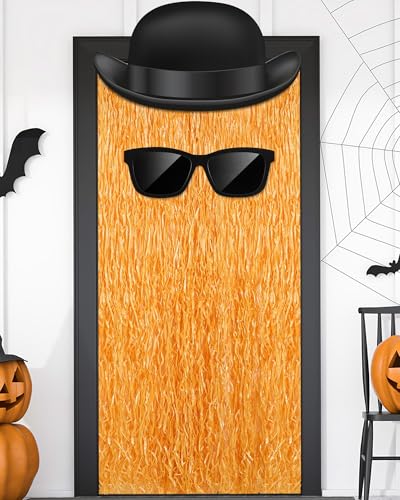 Fanfanwin Halloween-Türabdeckung, schwarz, Derby, Bowler, Hut, Banner, Stamm oder Leckerli, Auto-Dekoration, Brillen, Karten, Bast, Gras, Hula-Rock, Set für Garage, Halloween, Party, Tür von Fanfanwin
