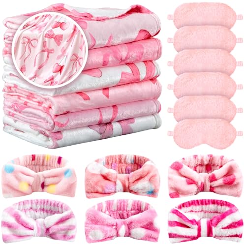 Fanfanwin Partyzubehör für Mädchen, 6 verschiedene Stile, rosa Schleife, Decke, 6 Korallen-Fleece-Schleife, Stirnband, 6 Plüsch-Augenmasken-Abdeckungen zum Schlafen, Schlafen, Spa, Geburtstagsparty von Fanfanwin