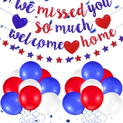 Rot-weiße und blaue Willkommensdekoration "We Missed You So Much", Glitzer-Girlande und Luftballons, Partyzubehör für Militär-Armee-Rückkehr, patriotische Heimkehr-Party-Dekorationen von Fanfanwin