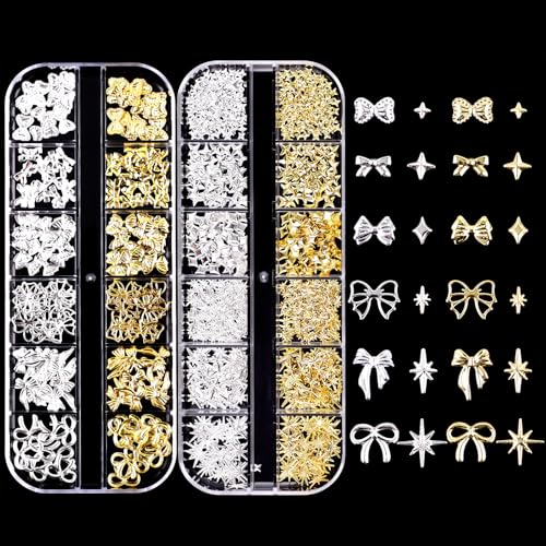 Gold Silber Stern Schleifen Nail Charms, 2 Boxen Metall Nagelkunst Dekorations, Nail Charms, 3D Stern Nagel Charms, Charms Nägel, Legierung Glitzersteine Nagel Edelsteine Deko für Nageldesign Zubehör Gold Silber Stern Schleifen Nail Charms, 2 Boxen Metall Nagelkunst Dekorations, Nail Charms, 3D Stern Nagel Charms, Charms Nägel, Legierung Glitzersteine Nagel Edelsteine Deko für Nageldesign Zubehör von FangBoJie