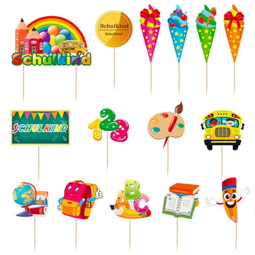 Pack of 23 Tortendeko Schulanfang, First Day of School Decoration Cupcake Toppers, ABC 123 Cake Deko, SchuleinfüHrung Kuchen Dekoration, Schultag Einschulung für Boy Girl Tafel Kuchendeko von FangBoJie