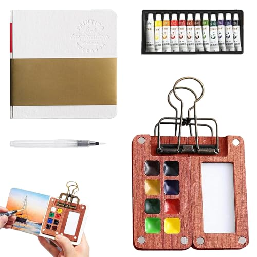 12 Farben Tragbare Aquarell Palette, Mini Aquarellkasten, Aquarellfarben Set, Skizzenbuch Palette aus Holz, Aquarell Malkasten, Magnetpalette mit Clip Mini-Holzpalettenbo Zusammenklappbare (8 Gitter) von Fangehong
