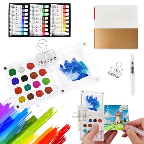 Tragbare Aquarell Palette, Mini Aquarellkasten, Aquarellfarben Set, Skizzenbuch Palette, Aquarell Malkasten, Magnetpalette mit Clip Mini-palettenbo Zusammenklappbare (15 Gitter 24 Farben) von Fangehong