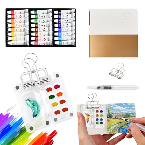 Tragbare Aquarell Palette, Mini Aquarellkasten, Aquarellfarben Set, Skizzenbuch Palette, Aquarell Malkasten, Magnetpalette mit Clip Mini-palettenbo Zusammenklappbare (8 Gitter 24 Farben) von Fangehong