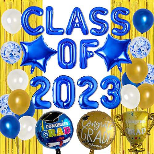 2023 Abschlussdekorationen Blau und Gold, Klasse 2023 Ballon Banner Congrats Grad Ballons Kit - Fransenvorhang Glückwünsche Partyzubehör für College High School von Fangleland