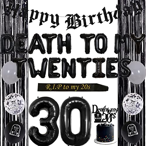 Fangleland 30 Geburtstag Dekorationen für Ihn Oder Sie Schwarz, Tod zu Meinem Twenties Ballons, Beerdigung Alles Gute Zum Geburtstag Banner, Fransen Vorhang Dreißigsten Party Supplies von Fangleland