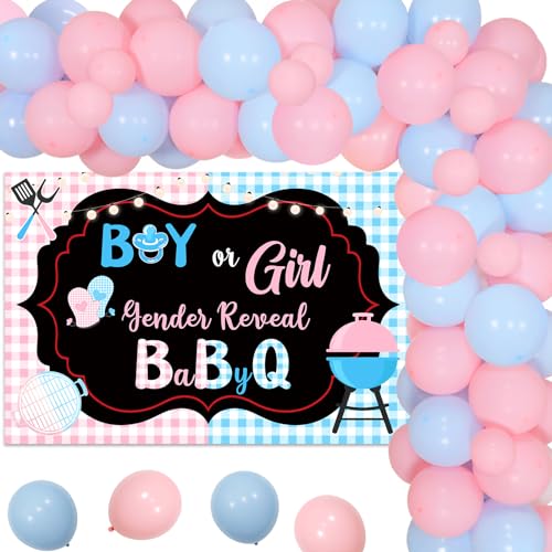 BBQ Gender Reveal Dekorationen, Baby Q Partyzubehör für Jungen oder Mädchen mit Ballons, Girlande, Bogen-Set und rosa blau kariertem Hintergrund, Grillthema, Babyparty, Party-Dekorationen von Fangleland