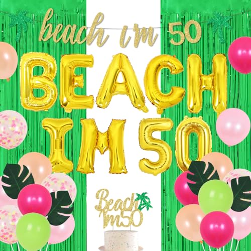 Beach I'm 50 Birthday Decorations, Summer Tropical Aloha 50th Birthday Party Supplies for Fifty Years Old Men or Women with Balloons Banner Cake Topper Fringe Curtain Leaf Props von Fangleland
