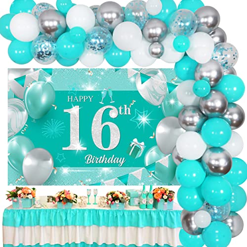 Blaugrün-Blau 16. Geburtstag Dekorationen Sweet Sixteen Türkis Silber Hintergrund & Ballon Girlande Kit Party Supplies für Mädchen 16 Jahre alt Geburtstag von Fangleland