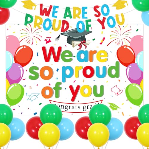 Bunte Dekoration für Vorschulabschluss, Aufschrift "We Are So Proud Of You", Glitzer-Banner und Hintergrund, Abschlussdekoration, Luftballons für Kindergarten, Grundschule, Abschluss, Party 2024 von Fangleland