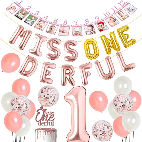 Dekoration für den 1. Geburtstag für Mädchen Miss Onederful Luftballons, Banner in Rotgold, Monatliches Fotobanner Kuchendekoration, Little Miss Wonderful First Birthday Party Supplies von Fangleland