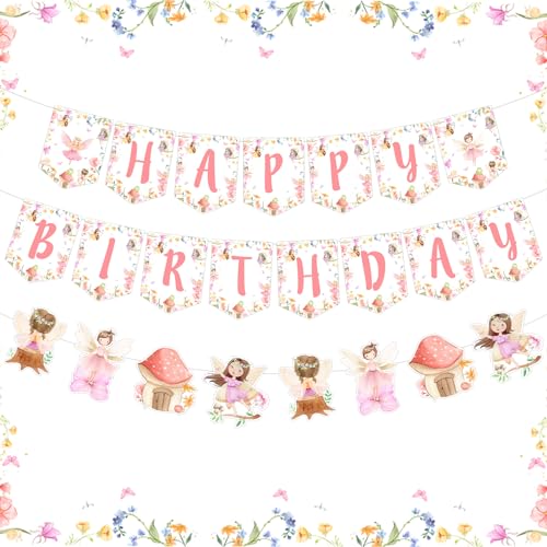 Fairy Birthday Banner Dekorationen für Mädchen, Feengirlande Happy Birthday Dekorationen, Feengarten rosa Blumenmotiv hängende Banner Geburtstag Party Supplies für 1 2 3 4 5 6 Jahre altes Mädchen Fairy Birthday Banner Dekorationen für Mädchen, Feengirlande Happy Birthday Dekorationen, Feengarten rosa Blumenmotiv hängende Banner Geburtstag Party Supplies für 1 2 3 4 5 6 Jahre altes Mädchen von Fangleland