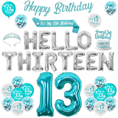 Fangleland 13 Geburtstag Dekorationen Set für Mädchen - Blaugrün Blau Silber Teenager Dreizehn Geburtstag Party Ballon Banner Kuchen Topper Schärpe und Krone Party Supplies Fangleland 13 Geburtstag Dekorationen Set für Mädchen - Blaugrün Blau Silber Teenager Dreizehn Geburtstag Party Ballon Banner Kuchen Topper Schärpe und Krone Party Supplies von Fangleland
