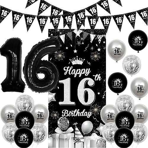 Fangleland 16 Geburtstag Dekorationen Schwarz und Silber für Jungen Mädchen, alles Gute zum 16 Geburtstag Tür Banner Dreieck Flagge Banner Ballons Nummer 16 Folie Ballons für 16 Birthday Party Deko Fangleland 16 Geburtstag Dekorationen Schwarz und Silber für Jungen Mädchen, alles Gute zum 16 Geburtstag Tür Banner Dreieck Flagge Banner Ballons Nummer 16 Folie Ballons für 16 Birthday Party Deko von Fangleland