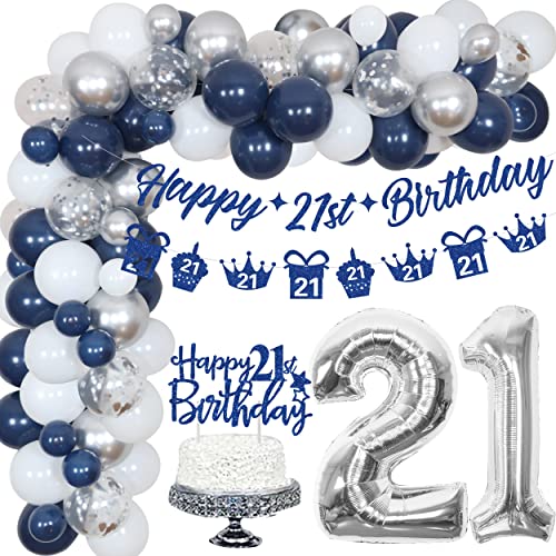 Fangleland 21. Geburtstag Party Dekorationen Blau und Silber für Jungen und Mädchen, 21 Jahr alt Geburtstag Luftballons Girlande Kit mit Banner und Tortenaufsatz, 21. Geburtstag Party Supplies von Fangleland