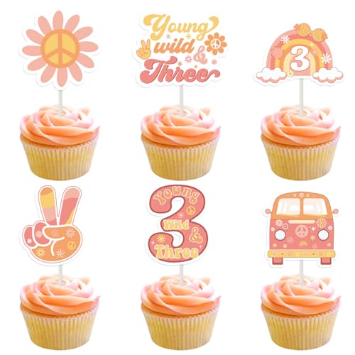 Fangleland 24Pcs Junge Wilde und drei Cupcake Toppers, 3. Geburtstag Dekorationen für Mädchen - Retro Hippie 60s 70s Thema Geburtstag Dessert Tisch Kuchen Dekorationen Picks Party Supplies von Fangleland