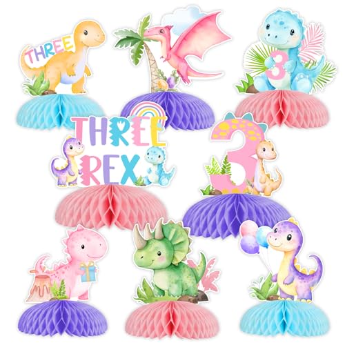 Fangleland 8 Stück Dinosaurier 3. Geburtstag Waben Mittelstücke Dino Three Rex Geburtstag Tischaufsatz Aquarell T-Rex 3 Jahre alt Tischdekoration Dschungel Safari Thema Dritter Geburtstag Party von Fangleland