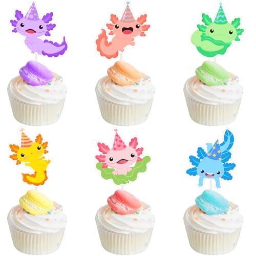 Fangleland Axolotl Cupcake-Topper, Geburtstagsdekorationen für Jungen und Mädchen, Cartoon-Tiere, Axolotl-Thema, Kuchendekoration, Picks, Babyparty, Gender Reveal, Partyzubehör, 36 Stück von Fangleland