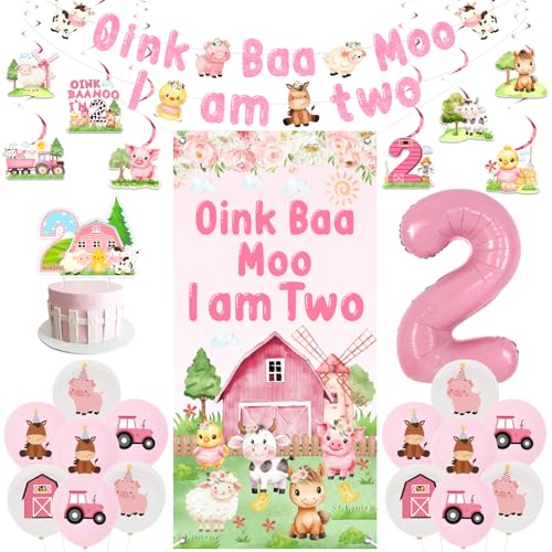 Fangleland Bauernhoftier 2. Geburtstag Dekorationen, Oink Baa Moo I'm Two Banner Bauernhaus Thema Veranda Banner Hängende Wirbel Luftballons Kuchen Topper Zwei Jahre alt Geburtstag Fotografie von Fangleland