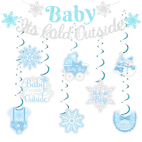 Fangleland Blaues Winterthema Babyparty-Dekorationen für Jungen, Baby It's Cold Outside Glitzer-Banner und Schneeflocken-Thema, hängende Wirbel für Winter, Schnee, Geschlechtsoffenbarung, Partyzubehör von Fangleland