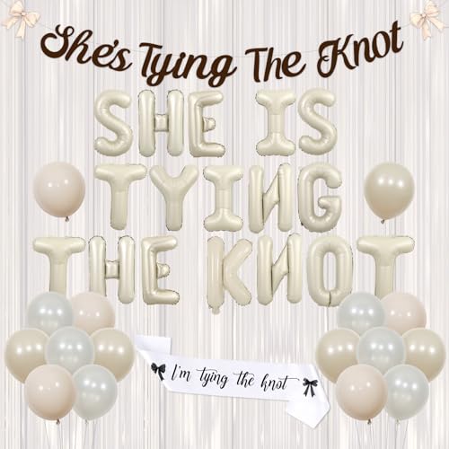 Fangleland Bogen Junggesellinnenabschied Dekorationen Weiß Sie 's Tying The Knot Folienballons Banner Schärpe Latex Ballons Folienvorhang für Mädchen Brautdusche Verlobung Hochzeit Party Supplies von Fangleland