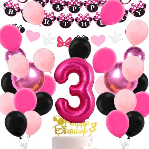 Fangleland Cartoon Mouse Geburtstagsdeko 3 Jahre Cartoon Mouse Themed 3 Birthday Party Dekorationen Liefert Cartoon Maus Balloons Cake Topper Party Supplies für Mädchen 3 Geburtstag von Fangleland