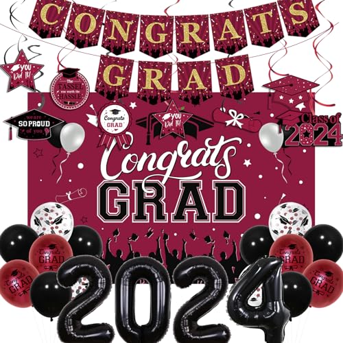 Fangleland Congrats Grade Graduation Party Dekorationen 2024 Purpurrot und Schwarz mit Klasse von 2024 We Are So Proud Of You Hängende Wirbel, Luftballons, Banner und Hintergrund für Abschlussfeier von Fangleland