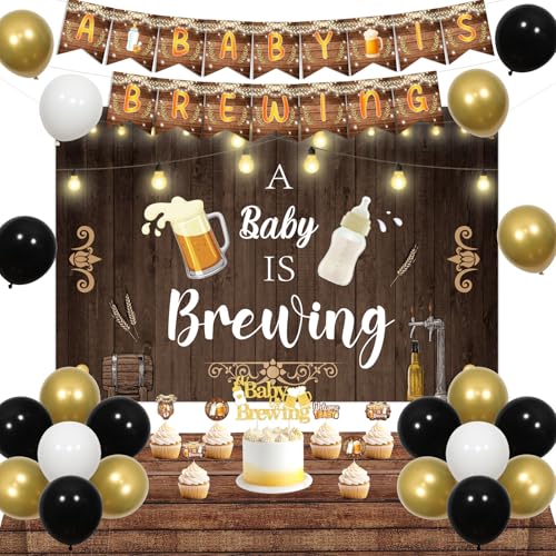 Fangleland Dekoration für Babypartys mit Biermotiven, "A Baby is Brewing" Banner Hintergrund Kuchen und Cupcake Topper braune Holztischdecke Luftballons für Geschlecht Enthüllung Partyzubehör von Fangleland