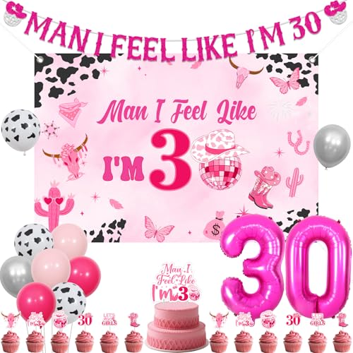 Fangleland Disco Cowgirl 30. Geburtstag Dekorationen für Frauen, Man I Feel Like I'm 30 Glitzer Banner Hintergrund Kuchen Cupcake Topper Zahl 30 Folienballons für 30 Geburtstag Party Supplies von Fangleland