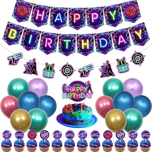 Fangleland Laser Tag Geburtstag Dekorationen für Jungen und Mädchen, Neon Themed Shooting Game Banner, Girlande, Kuchen Toppers und Ballons Bday Party Supplies von Fangleland