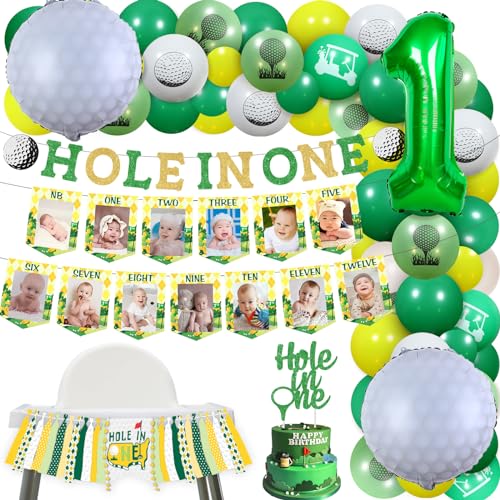 Fangleland Master Golf First Birthday Decorations, Hole in One 1st Birthday Balloon Garland Kit Photo Garland Highchair Banner, Golf Themed Hole in One Cake Topper for Sports Party Supplies von Fangleland