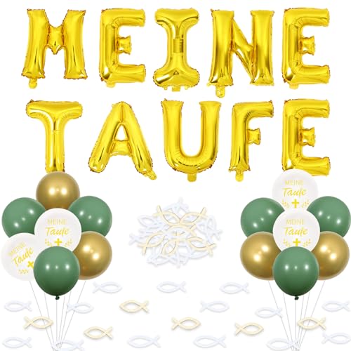 Fangleland Meine Taufe Deko Grün, Taufe Deko Junge und Mädchen Meine Taufe Folien Ballon Banner Holz Fisch Streudeko Luftballons für Kommunion Taufe Party Dekoration von Fangleland