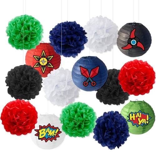 Fangleland Ninja Party Dekorationen Krieger Party Supplies Ninja Papierlaternen Aufkleber Pom Poms für Ninja Theme Geburtstag Baby Shower von Fangleland