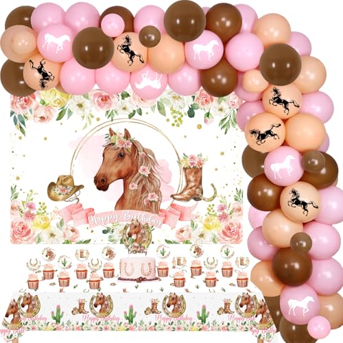 Fangleland Pferde-Geburtstagsparty-Dekorationsset für Mädchen – Pferdethema Hintergrund Tischdecke Kuchen Cupcake Toppers Western Cowgirl Racing Pferd Ballon Girlande Bogen Kit Happy Birthday Supplies von Fangleland