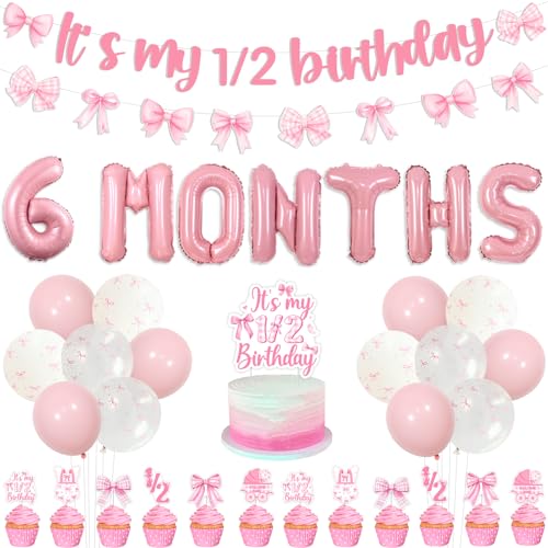 Fangleland Rosa Schleife Halber Geburtstag Dekorationen, It's My 1/2 Birthday Banner Girlande Cupcake Toppers 6 Monate Folienballon für Mädchen Sechs Monate Party Supplies von Fangleland