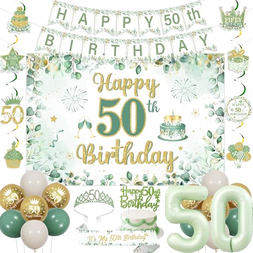 Fangleland Sage Green 50th Birthday Decorations for Women, Happy 50th Birthday Banner Backdrop Hanging Swirls Cake Topper Crown Sash Number 50 Foil Balloons for Fifty Bday Party Supplies von Fangleland