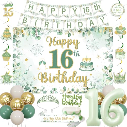 Fangleland Salbei grün 16. Geburtstag Dekorationen für Mädchen, alles Gute zum 16 Geburtstag Banner Hintergrund hängen wirbelt Kuchen Topper Krone Schärpe Ballons für Sweet Sixteen Bday Party Supplies Fangleland Salbei grün 16. Geburtstag Dekorationen für Mädchen, alles Gute zum 16 Geburtstag Banner Hintergrund hängen wirbelt Kuchen Topper Krone Schärpe Ballons für Sweet Sixteen Bday Party Supplies von Fangleland