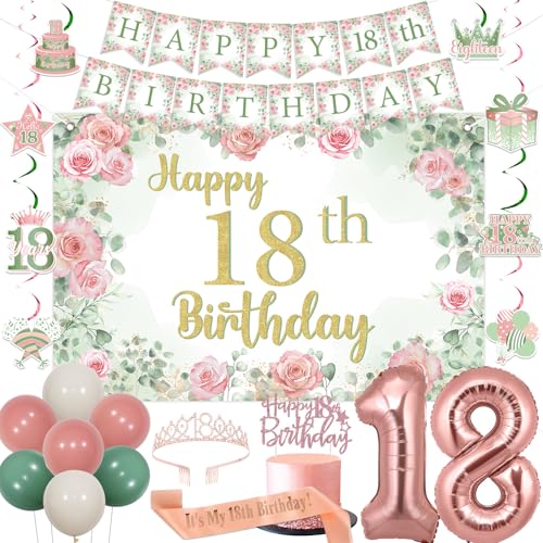 Fangleland Salbei grün und rosa 18. Geburtstag Dekorationen, alles Gute zum 18 Geburtstag Banner Hintergrund hängen wirbelt Kuchen Topper Krone Schärpe für Mädchen achtzehnten Party-Zubehör Fangleland Salbei grün und rosa 18. Geburtstag Dekorationen, alles Gute zum 18 Geburtstag Banner Hintergrund hängen wirbelt Kuchen Topper Krone Schärpe für Mädchen achtzehnten Party-Zubehör von Fangleland