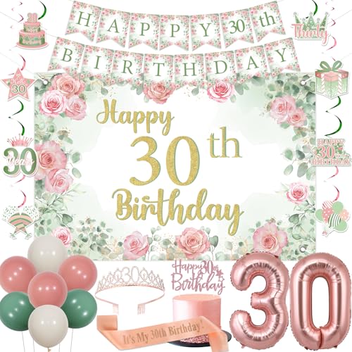 Fangleland Salbei grün und rosa 30. Geburtstag Dekorationen, alles Gute zum 30. Geburtstag Banner Hintergrund hängen wirbelt Kuchen Topper Krone Schärpe für Frauen dreißig Party Supplies Fangleland Salbei grün und rosa 30. Geburtstag Dekorationen, alles Gute zum 30. Geburtstag Banner Hintergrund hängen wirbelt Kuchen Topper Krone Schärpe für Frauen dreißig Party Supplies von Fangleland